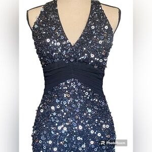 Scala-black 100% silk small halter dress. Tiny hole in scarf hem. Otherwise EUC!